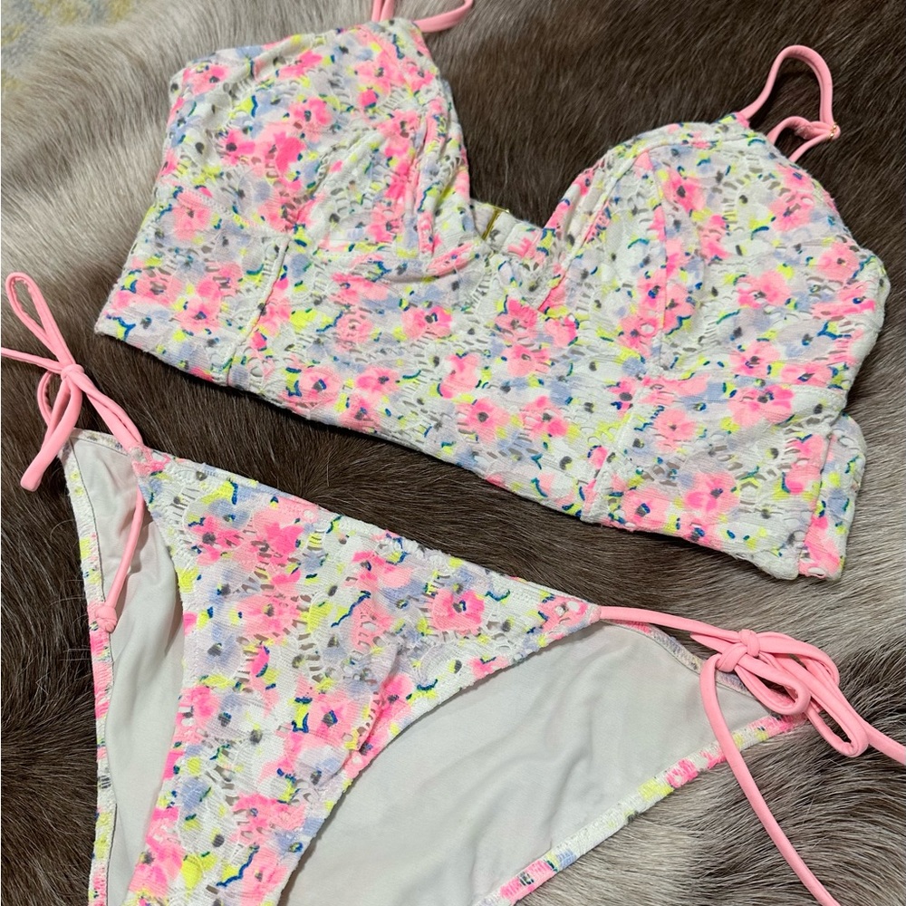 Victoria's Secret Neon Floral Tankini Top (Size L) and Bottom (Size S) Swim Set